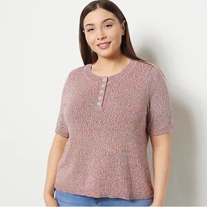 Candace Cameron Bure short sleeve speckled Henley sweater